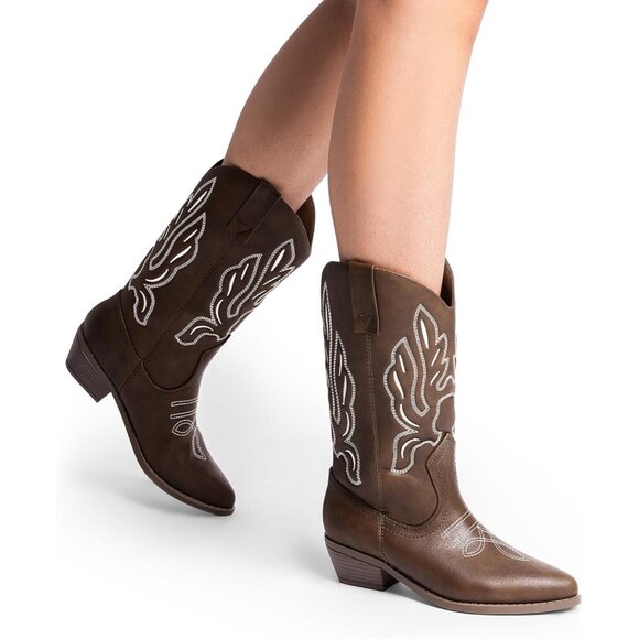 Women's Brown-PU Mid Calf Western Embroidery Stitched Faux Leather Cowgirl Boots - Picture 7 of 7
